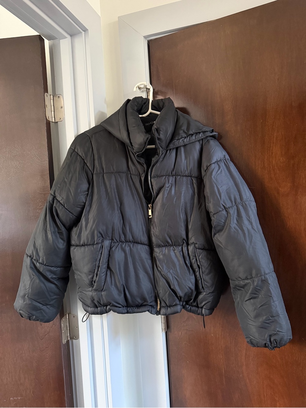 Fashion Nova Black Cropped Puffer Jacket with Hood